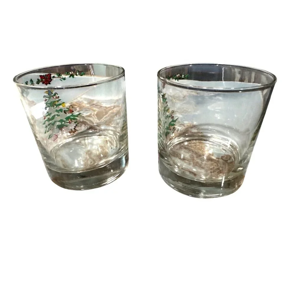 Christmas Tree Rocks Glasses Set Of 2 Whiskey Old Fashioned Barware Gift Vintage